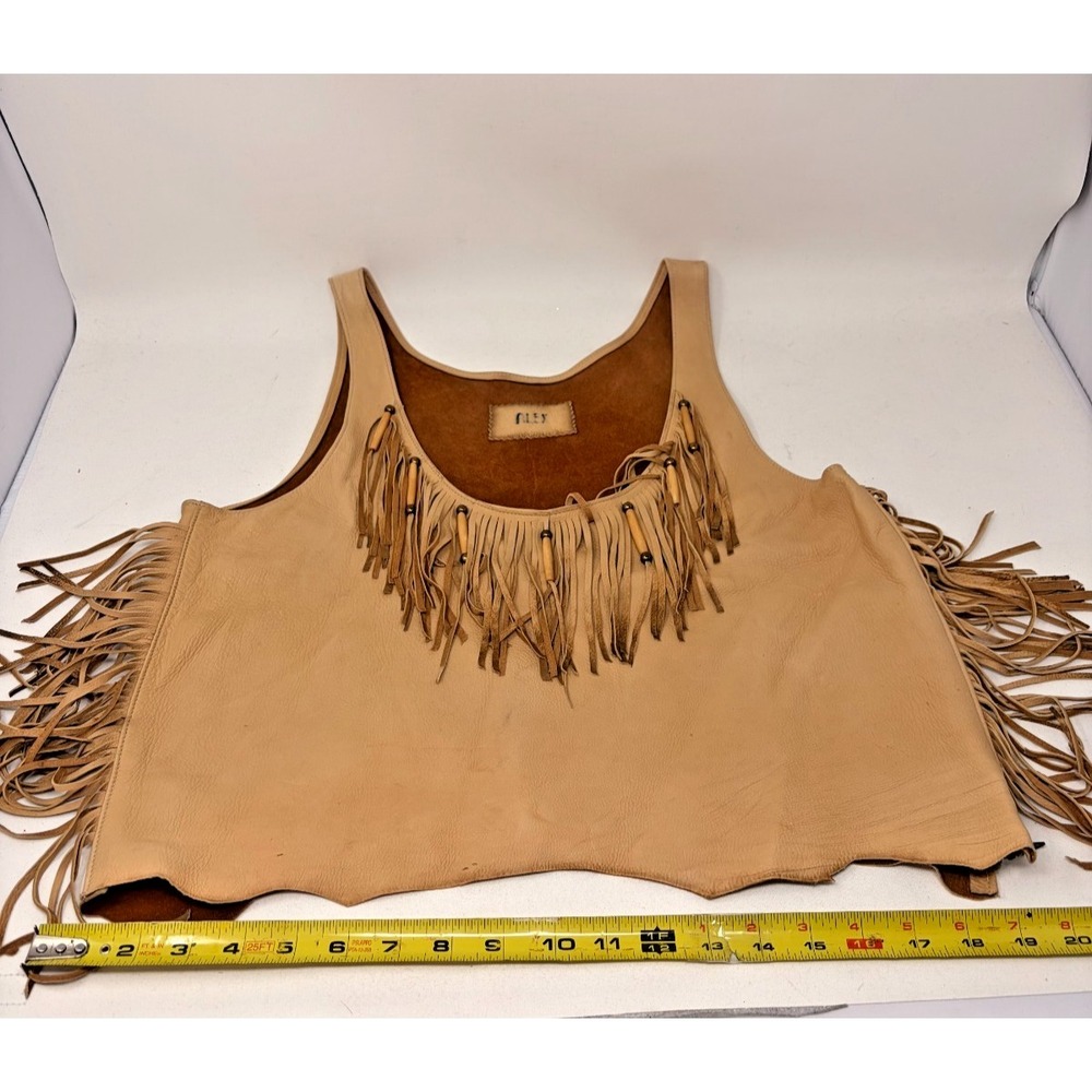 Vintage Leather Fringe Vest Beaded Western Boho Hippie Biker Tan Women's M
